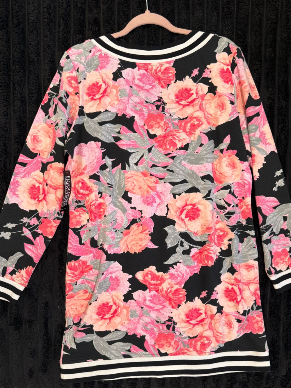 New York & Company Black Floral Long Sleeve Tunic with Pink Roses